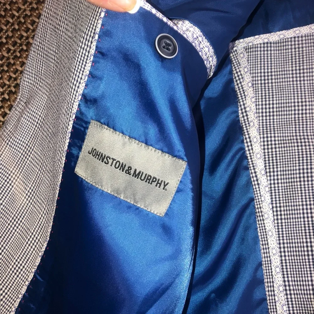 VINTAGE Johnson &Murphy Two-Bttn Sport Coat Suit Jacket Blazer Plaid Blue &Gray